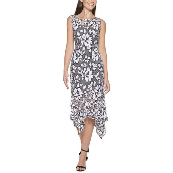Kensie Illusion Floral-Print Handkerchief-Hem MIDI Dress - Black/White SIZE 4 - Picture 1 of 4